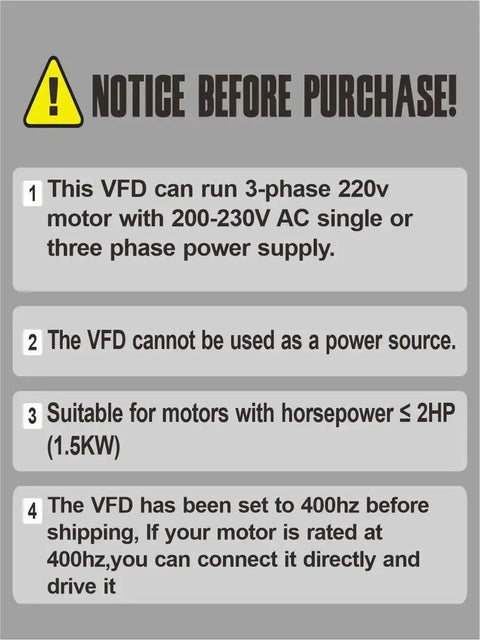Notice for VFD Inverter For 3 Phase Motors From Single-Phase To Three-Phase 220V, 0-400Hz Speed Control with key warnings and usage instructions.