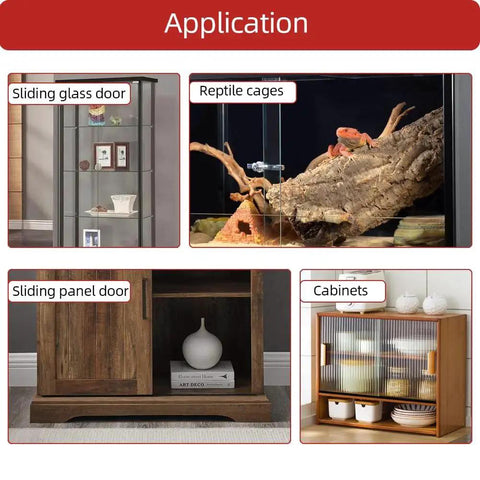 Applications for sliding door track kit including glass doors, reptile cages, panel doors, and cabinets with U Channel.