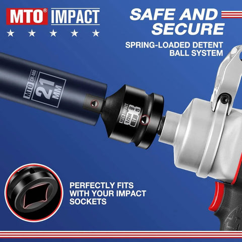 Close-up of One Inch Female To One Half Inch Male Impact Socket Adapter Reducer connecting to a wrench, showing detent ball system.