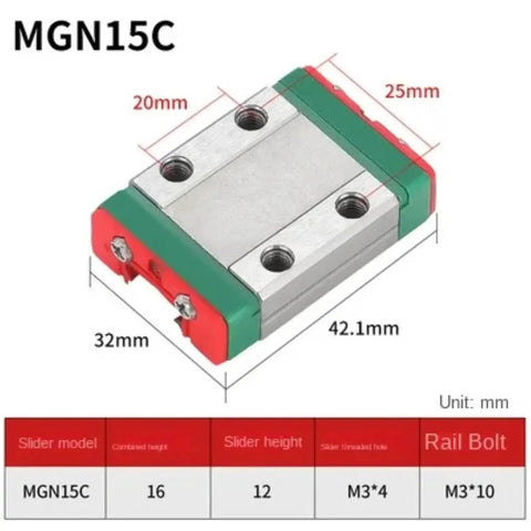 MGN Linear Rail System With Carriage For CNC And 3D Printer Pro DIY Projects MGN15C guide with dimensions and specifications