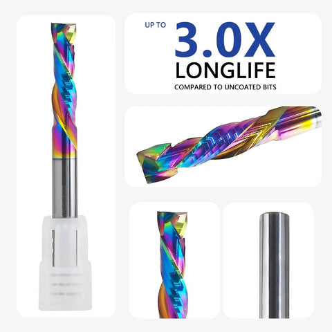 Compression Router Bit With Quarter Inch Shank And One Inch Cutting Length Coated Carbide Spiral Up Down CNC Router Bit For Wood Carving End Mills Beefy Durable Woodworking Tool For Routers With Quarter Inch Collet, multiple views.