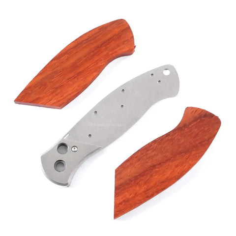 DDR3BL DIY Folding Knife Kit With Button Lock 440C Stainless Steel Blade 600 Grit Satin Finish Pre Machined Padauk Handle Scales Gift Boxed Parts Kit USA Design For Building Your Own EDC Knife showing pre-machined Padauk handle scales and knife frame.