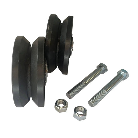 Pair Of 4 Inch Cast Iron Machined V Groove Wheels With Precision Bearings Bolts And Nuts, 1/2 Inch Bore And 2-3/16 Inch Hub Length, 350 Pound Capacity