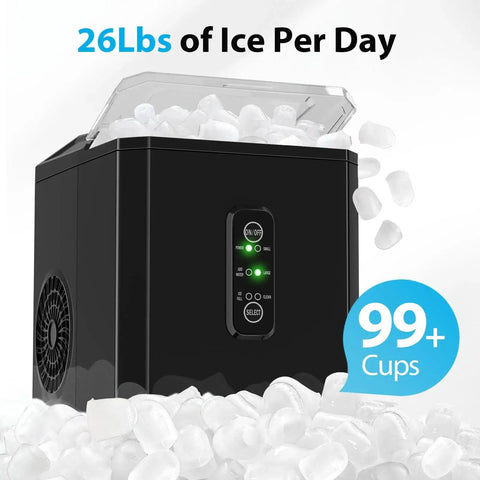 Countertop Ice Maker 9 Ice Cubes In 6 Minutes 26 Lb Per Day Self Cleaning with ice cubes spilling from open lid
