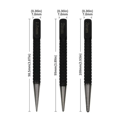 Three Piece Black High Carbon Steel Center Punch Drill Kit With 1.5mm 2mm 3mm Tips shown vertically with measurements