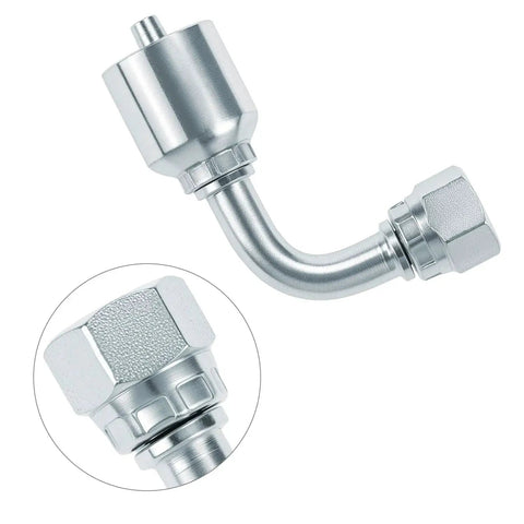 10 Pack One Quarter Inch Hydraulic Fittings Kit With One Quarter Inch JIC 37 Degree Female 90 Degree Swivel End Permanent Crimp Fittings For Hose Repair Leak Proof Connections Heavy Duty DIY Hydraulic Line Fix, close-up view
