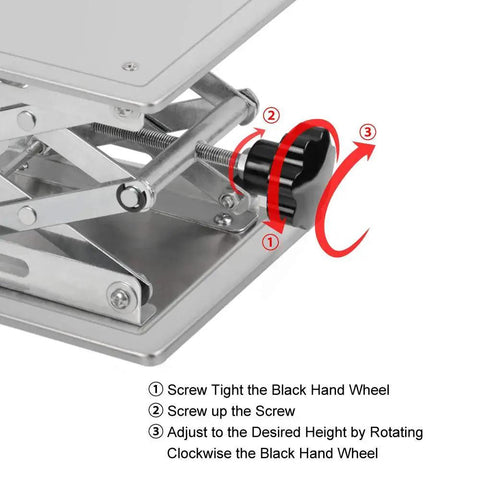 6x6 Inch Lab Scissor Jack, Stainless Steel Lift Stand, 75-260mm, 10kg with adjustment mechanism