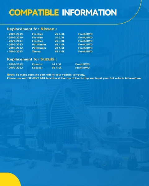 Compatibility information for Nissan Frontier, Pathfinder, Xterra, Suzuki Equator six-lug hub assembly.