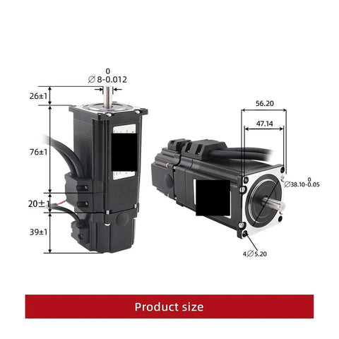 Front and side views of two YJHQJNLE servo motors with shafts and mounting-dimension diagram.