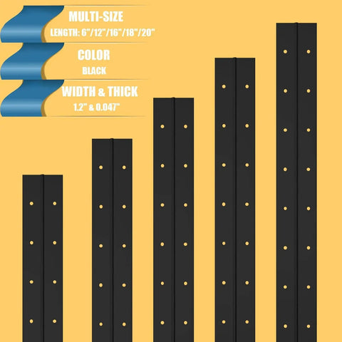 Heavy Duty 12 Inch Stainless Steel 304 Continuous Piano Hinges Matte Black in various sizes on yellow background