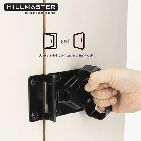 Heavy Duty Automatic Locking Gate Handle Latch For Interior And Exterior Doors in black, installed on a white door.