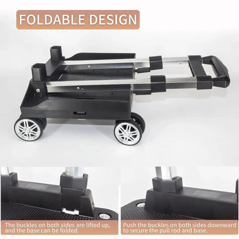 Foldable Aluminium Alloy Wheeled Backpack Trolley With Edge Guard Base shown in collapsed position with close-up of locking buckles.