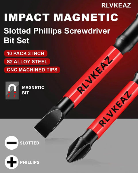 Ten Piece Three Inch Magnetic Screwdriver Bits Set With S2 Alloy Steel For Impact Driver And Power Drill Includes Phillips Bits Sizes One Two Three And Slotted Bits In Three Four Five Six Millimeter And Quarter Inch Hex Shank Pro And DIY Essential, showing red S2 steel bits with slotted and Phillips tips.