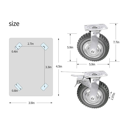 Diagram of Six Inch Rubber Caster Wheels Heavy Duty Anti Skid Swivel Casters dimensions and set components