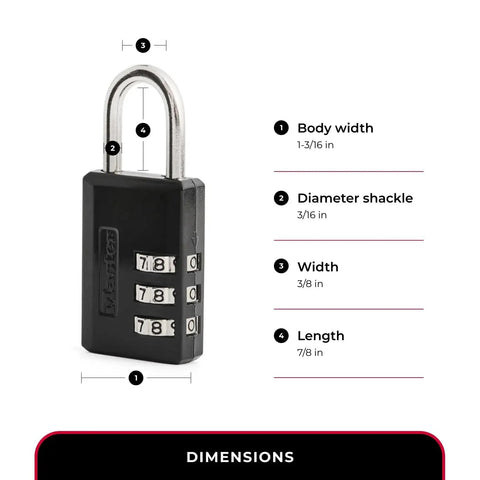 Three Dial Combination Padlock for Indoor Lockers Luggage and Cabinets, metal body with steel shackle dimensions shown