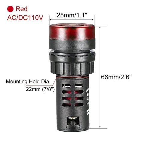 Five Pack Red Indicator Light With Buzzer 110V ACDC 22mm Panel Mount Flashing Alarm with dimensions for control panels