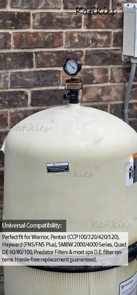 Pool filter air relief valve with pressure gauge (ARF-2) installed on beige pool filter tank.