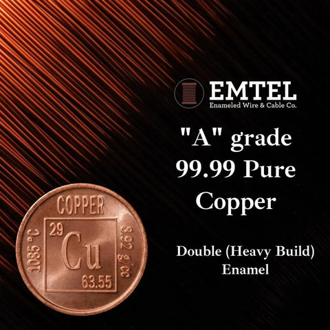 Copper magnet wire strands close-up with EMTEL logo and A grade 99.99 pure copper text on dark background