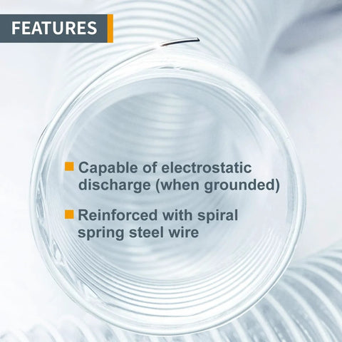 Dust collection hose, clear 4-inch PVC flexible hose with spiral steel wire reinforcement, top-down view