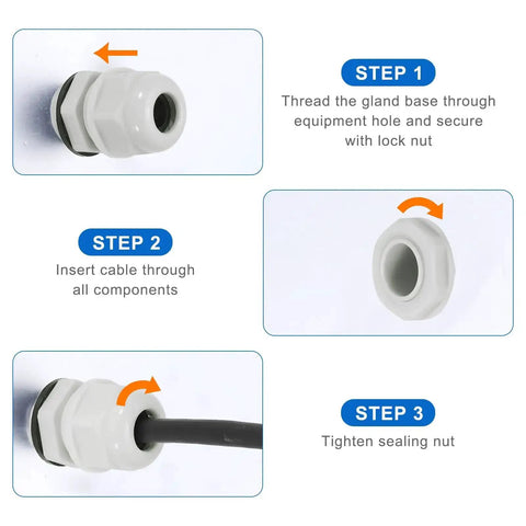 Installation steps for 30 Pack PG7 Cable Glands Adjustable 3-6.5mm PA6 Nylon IP68 Waterproof Connectors.