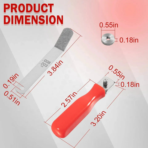Offset Valve Tappet Gauge Set With Premium 11 Blade Feeler Gauge Kit dimensions shown with red handles and stainless steel blades.
