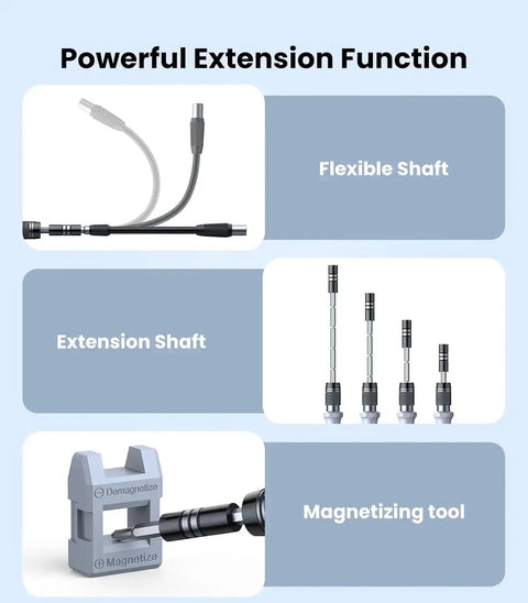 Image showing flexible shaft, extension shaft, and magnetizing tool from All In One 115 In 1 Precision Screwdriver Set With Magnetic Bits DIY Mini Repair Kit For Phone PC Watch Laptop Tablet Glasses And Other Electronics Includes 100 Bits And Various Opening Tools For Easy Fixes.