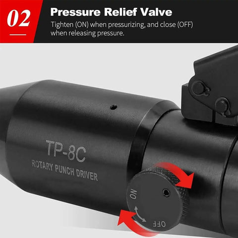 Close-up of portable manual hydraulic hole punch kit with six dies showing pressure relief valve and rotary punch driver.