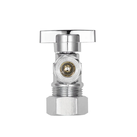 Front view of Heavy Duty Angle Stop Valve 1/2 Inch Nominal 5/8 Inch OD Compression X 3/8 Inch OD Compression, chrome-plated brass.