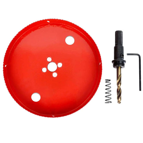 Bi Metal 5.5 Inch Hole Saw HSS Cutter With Arbor for Heavy Duty Drilling shown with arbor and accessories, 140mm diameter
