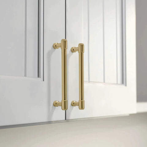 10 Pack Champagne Bronze Cabinet Handles 5.9 Inch Length Center To Center 5 Inches installed on white kitchen cabinets