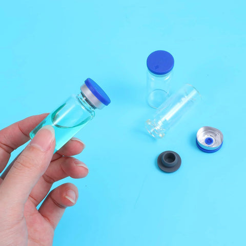 Sibba 5ml glass injection vials with blue caps; transparent, set of 10