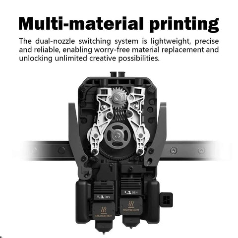 Dual-nozzle system for 2 Pack Hardened Steel 0.4mm Nozzle Hotend Kit for H2S H2D P2S, A1 Mini, enabling multi-material printing.