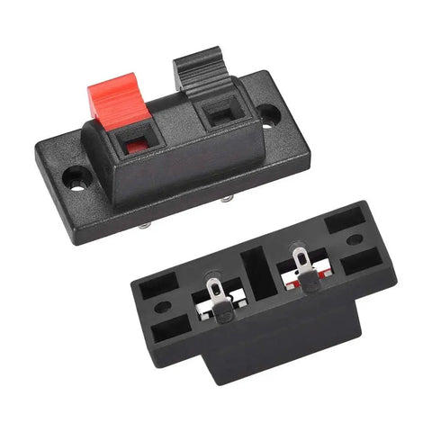 Six Pack 2 Way Speaker Spring Terminal Clips Connectors WP2-10, red black color, front and back view, for AWG 24-16 cables