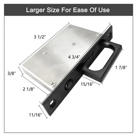 Pocket Door Edge Pull Sliding Door Handle With Embedded Hidden Pocket Design Black 1 Pack, showing dimensions and stainless steel finish.