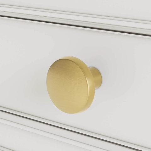 Gold Cabinet Knobs Set, Round Brushed Brass Zinc Alloy Hardware For Dresser Drawer Cupboard, 25 Pack installed on white drawer