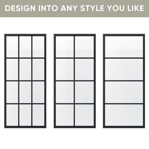 Bypass Double Glass Barn Door Kit With 84 By 84 In Clear Tempered Glass And 7.5 Ft Side Mounted Aluminum Black Frame, different panel styles.
