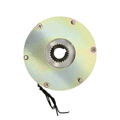 Front view of round electromagnetic brake disk; galvanized steel plate with central splined bore and exposed wiring