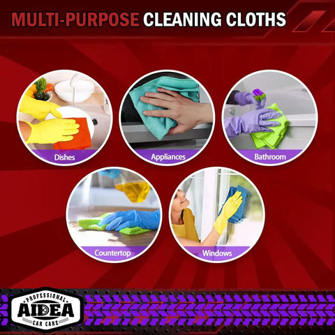 Premium Microfiber Cleaning Cloths 50 Pack For Cars Home SUV Windows And Kitchen Ultra Absorbent Quick Dry Rags 12x12 Inches Yellow Blue Green All Purpose Cleaning in use on dishes, appliances, bathroom, countertop, and windows.
