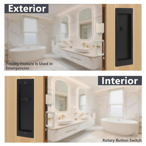Zero Profile Pocket Door Lock Privacy Hardware With Flush Mount Pull Handle shown in matte black on a wooden door.