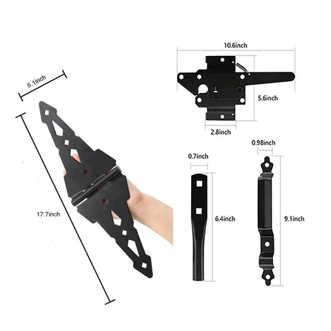 Wood Gate Hardware Set With Heavy Duty 8-Inch Decorative Strap Hinges And Spring Loaded Latch Kit With Screws diagram and dimensions