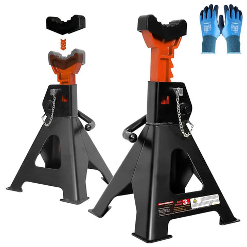 3 Ton Heavy Duty Car Jack Stands With Double Locking Adjustable 11.22-16.54 in, black stands with rubber pads and gloves