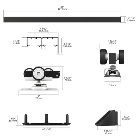 Heavy-Duty Bypass Door Track Hardware For Aluminum Sliding Doors, 48 Inch Four Foot Rail Set, detailed measurements and components