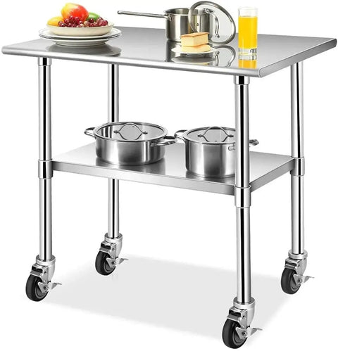Stainless steel prep table with 4 Inch Prep Table Casters Set Of 4 With Brakes For Commercial Kitchen Tables, pots and pans on shelves