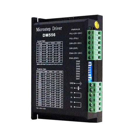 CNC Digital Stepper Driver DM556 Stepper Motor Controller, front view, black unit with green terminal connectors for Nema 23 24 34 motors.