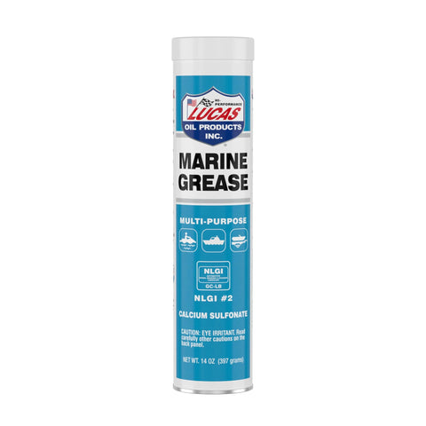 Lucas Oil Marine Grease can, 14 oz, blue label, multi-purpose calcium sulfonate grease.