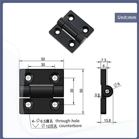 Black zinc-alloy torque hinge for electrical cabinet doors, 50×50 mm, four Ø6.5 through-holes with Ø12 counterbores, 1 pc