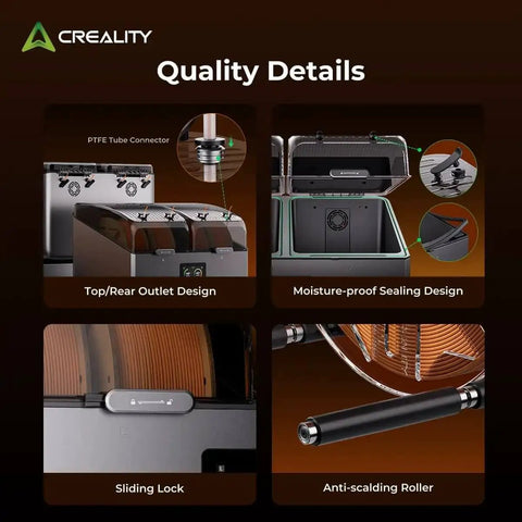 X4 Filament Dryer Box features including PTFE tube connector, moisture-proof sealing, sliding lock, anti-scalding roller for 3D printers.