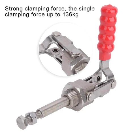 Heavy Duty 300 Lb Quick Release Toggle Clamp With 304 Stainless Steel Construction, 38mm Stroke, red handle, side view