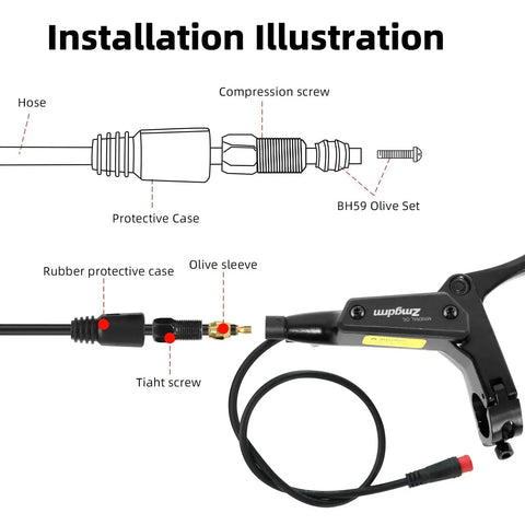 4-piston e-bike hydraulic disc brake kit installation diagram with hose, olive sleeve, protective case, and lever assembly