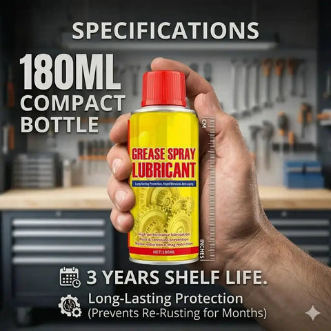Hand holding a 180ml can of grease spray lubricant with 3 years shelf life, labeled for rust removal and lubrication, shown in a workshop.